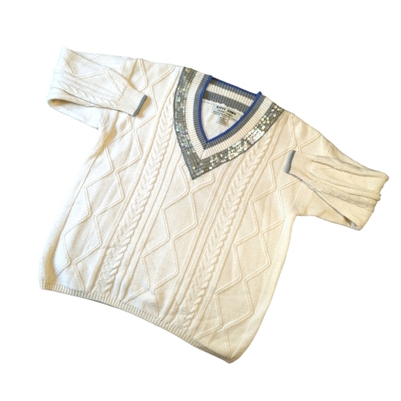 Sequin Kitty Hawk by Vivian Wang beige wool knit v-neck sweater L - Picture 1 of 10